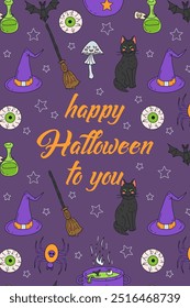 Card or poster with cute Halloween illustration with witchy items and black cats. Greeting text Happy Halloween to You.