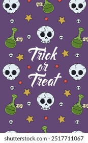 Card or poster with cute Halloween illustration with skulls and poison potions. Greeting text trick or treat.