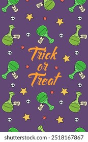 Card or poster with cute Halloween illustration with poison potions. Greeting text trick or treat.