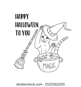 Card or poster with cute Halloween illustration with witchy cat cooking magic potion in cauldron. Greeting text Happy Halloween to You