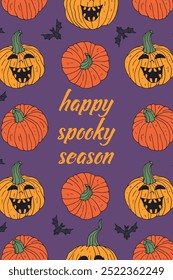 Cartaz ou cartaz com ilustração de Halloween bonito com abóboras jack-o-lantern. Mensagem de saudação Happy Spooky Season