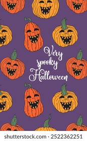 Cartaz ou cartaz com ilustração de Halloween bonito com abóboras jack-o-lantern. Saudação de Halloween muito assustadora.