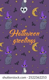 Card or poster with cute Halloween illustration with witchy cats and moons. Greeting text Halloween Greetings