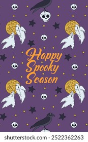 Card or poster with cute Halloween illustration with ghosts and moons. Greeting text Happy Spooky Season.