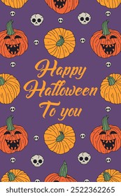 Cartaz ou cartaz com ilustração de Halloween bonito com abóboras jack-o-lantern. Texto de saudação Feliz Halloween para você.