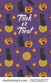 Card or poster with cute Halloween illustration with witchy cats and moons. Greeting text Trick or Treat.