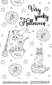 Cartaz ou cartaz com ilustração bonito Halloween com gatos pretos bruxas e abóboras. Texto de saudação Dia das Bruxas muito assustador.