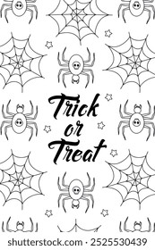 Cartaz ou cartaz com ilustração de Halloween bonito com aranhas e teia de aranha. Saudações de texto Truque ou trate.