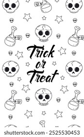 Card or poster with cute Halloween illustration with skulls and poison potions. Greeting text trick or treat.