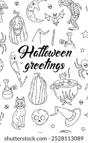 Card or poster with cute Halloween illustration with pumpkins and witchy elements. Text Halloween Greetings.