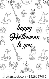 Card or poster with cute Halloween illustration with witchy items and black cats. Greeting text Happy Halloween to You.