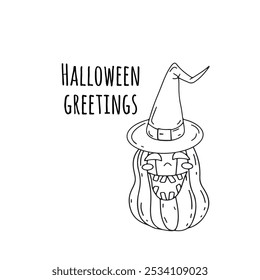 Card or poster with cute Halloween illustration with jack-o-lanter wearing witch hat. Greeting text Halloween Greetings.