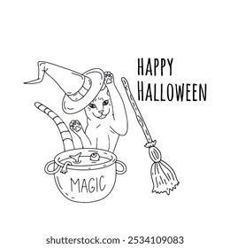 Card or poster with cute Halloween illustration with witchy cat cooking magic potion in cauldron. Greeting text Happy Halloween.