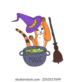 Card or poster with cute Halloween illustration with witchy cat cooking magic potion in cauldron.