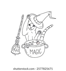 Card or poster with cute Halloween illustration with witchy cat cooking magic potion in cauldron.