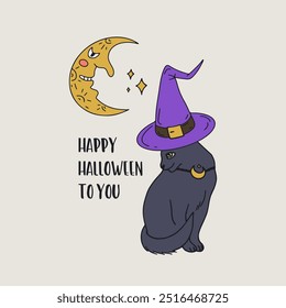 Card or poster with cute Halloween witchy black cat and moon. Greeting text Happy Halloween