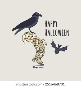 Tarjeta o cartel con lindo cuervo brujo de Halloween sentado en la parte superior de la cabeza de la momia. Texto de saludo Feliz Halloween