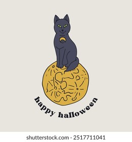 Card or poster with cute Halloween witchy black cat and moon. Greeting text Happy Halloween