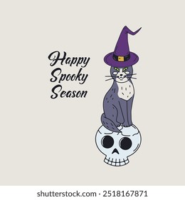 Card or poster with cute Halloween witchy black cat sitting on top of skull. Greeting text Happy Spooky Season