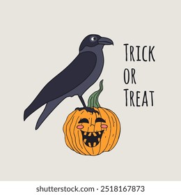 Card or poster with cute Halloween witchy crow sitting on top of jack-o-lantern. Greeting text Trick or Treat