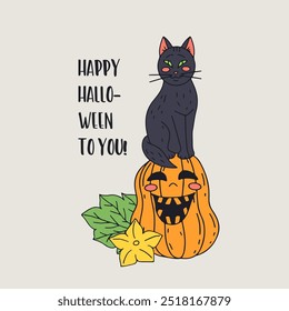 Card or poster with cute Halloween witchy black cat sitting on top of jack-o-lantern. Greeting text Happy Halloween to You.