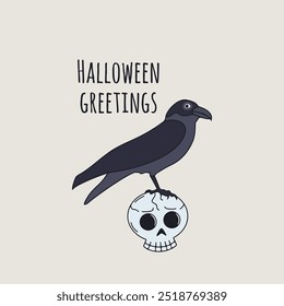 Card or poster with cute Halloween witchy crow sitting on top of skull. Greeting text Halloween Greetings