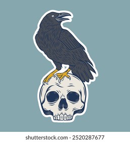 Card or poster with cute Halloween witchy crow sitting on top of skull. Greeting text Halloween Greetings