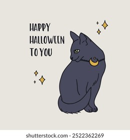 Card or poster with cute Halloween witchy black cat. Greeting text Happy Halloween to You.