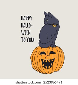 Cartaz ou cartaz com bonito gato preto bruxo Halloween sentado em cima de jack-o-lantern. Texto de saudação Feliz Dia das Bruxas para Você.