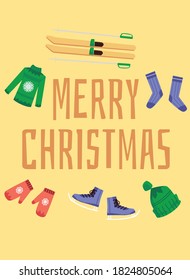 Card or poster design for Christmas holidays with different warm clothing and pair of ski, flat vector illustration. Background for winter greeting cards and banners.
