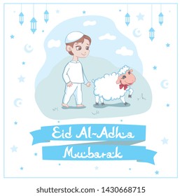 Card or poster design for Eid Al-Adha Mubarak festival to celebrate the willingness of Ibrahim to sacrifice his son in cool blue colors with a young boy and sacrificial lamb in a field