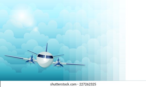 card or poster design with plane on blue sky background