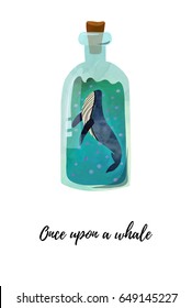 Card or poster design with whale in the bottle. Watercolour imitation.