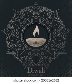 card poster for Diwali, festival of light, black and gold colours, mandala