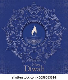 Card Poster For Diwali, Festival Of Light, Blue And Gold Colours, Mandala