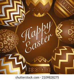 Card or poster for Easter with a set of 3D decorated eggs in gold and white, on a chocolate color background - English text.