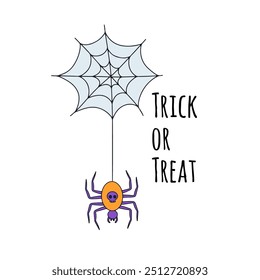 Card or poster with Halloween illustration with spider on cobweb. Greeting text Trick or Treat.