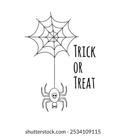 Cartaz ou cartaz com ilustração de Halloween com aranha na teia de aranha. Saudações de texto Truque ou Trate.