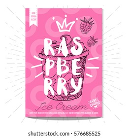 Card, poster, hand drawn. Ice cream, raspberry, best choice, heart, crown. Lettering, retro background. Sketch style vector.