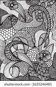 Card or poster with hand-drawn textured background featuring abstract shapes, fantasy-inspired textures, floral patterns, and sand-like elements, decorative design suitable for creative projects