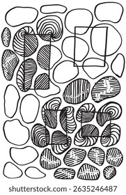 Card or poster with hand-drawn textured background featuring abstract hatched oval shapes and transparent rectangles. Artistic design with layered  textures, blending geometry and organic elements