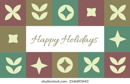 Card Or Poster Happy Holidays In Retro Scandinavian Style Green Red Golden Stars Vector Design