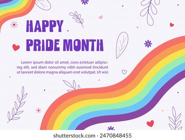 Ilustración de tarjeta y póster con concepto del Mes del Orgullo y textos de ejemplo en estilo plano y diseño de Vector con fondo de patrón de papel.