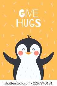 Card or poster layout for winter prints and cards with penguin, flat vector illustration. Penguin childish adorable character for greeting posters and postcards.