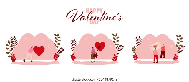 Card, poster or loading page for Valentine's Day, with people holding the symbol of this holiday.