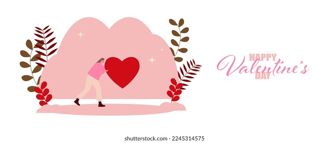 Card, poster or loading page for Valentine's Day, with people holding the symbol of this holiday.