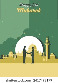 card poster moslem eid fitr with mosque green and yellow color 