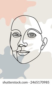 Karte oder Poster mit einer einzigen Strichzeichnung von Frauengesicht und abstrakten Formen. Monochromes minimalistisches Porträt. Moderne trendige Mode-Skizze des Frauenkopfes