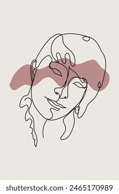 Card or poster with one single line drawing of female face and abstract shapes. Monochrome minimalist portrait. Modern trendy fashion sketch of woman head