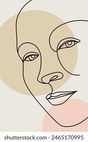 Card or poster with one single line drawing of female face and abstract shapes. Monochrome minimalist portrait. Modern trendy fashion sketch of woman head
